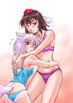  animal_ears ass blood blush brown_hair hat hug inubashiri_momiji kisaragi_ryou_(sougetsu-tei) lingerie multiple_girls nosebleed red_eyes shameimaru_aya short_hair sweat tail tokin_hat touhou trembling underwear white_hair wolf_ears wolf_tail 