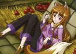  absurdres animal_ears apple blush brown_hair casual food fruit highres holo huge_filesize long_hair no_socks non-web_source red_eyes solo spice_and_wolf tail wheat wolf_ears wolf_tail 