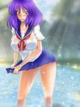  alternate_costume bad_id bad_pixiv_id blush breasts highres large_breasts purple_hair red_eyes sakuto school_uniform short_hair solo touhou wet yasaka_kanako 