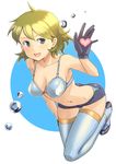  :d blonde_hair bowieknife bra breasts cleavage gloves green_eyes heart lingerie medium_breasts navel open_mouth original short_hair shorts smile solo thighhighs underwear water_drop 