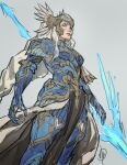  1girl armor armored_dress blue_armor gauntlets gold_trim helmet holding holding_weapon jaeon009 lenneth_valkyrie low-braided_long_hair shoulder_armor valkyrie valkyrie_profile weapon winged_helmet 