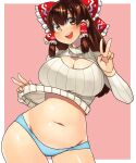  1girl :d bangs belly blue_panties blush bow breasts brown_eyes brown_hair cleavage cleavage_cutout clothes_lift clothing_cutout commentary_request contrapposto cookie_(touhou) cowboy_shot double_v frilled_bow frilled_hair_tubes frills hair_bow hair_tubes hakurei_reimu kanna_(cookie) large_breasts long_hair looking_at_viewer mo-fu navel open_mouth panties pink_background red_bow ribbed_sweater round_teeth shiny shiny_skin smile solo sweater sweater_lift teeth touhou turtleneck turtleneck_sweater two-tone_background underwear v white_background white_sweater 