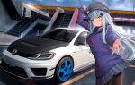  1girl absurdres black_pantyhose car fog girls&#039;_frontline girls&#039;_frontline_neural_cloud green_eyes grey_hair ground_vehicle highres hk416_(girls&#039;_frontline) hood hoodie light long_hair looking_at_viewer motor_vehicle pantyhose rain reaching_out sechka skirt sky smile solo stairs volkswagen water_drop 