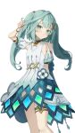  1girl absurdres aqua_hair arm_behind_back arm_up bare_shoulders blush closed_mouth clothing_cutout dot_nose dress faruzan_(genshin_impact) genshin_impact green_eyes green_hair hair_ornament head_tilt highres holding holding_hair jewelry looking_at_viewer neck_ring pellas_(panix2383) short_sleeves shoulder_cutout simple_background skirt_cutout solo standing thighlet thighs twintails white_background white_dress x_hair_ornament 