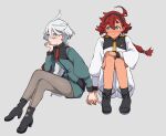  2girls ahoge asticassia_school_uniform back-seamed_legwear bangs black_footwear black_hairband black_pantyhose blue_eyes blush boots crossed_legs front-seamed_legwear green_shorts grey_background grey_eyes grey_hair gundam gundam_suisei_no_majo hair_between_eyes hairband high_heel_boots high_heels highres holding_hands knees_to_chest long_hair low_ponytail miorine_rembran multiple_girls pantyhose pantyhose_under_shorts red_hair school_uniform seamed_legwear shirt shorts suletta_mercury sweatdrop swept_bangs takatisakana thick_eyebrows white_hair white_shirt yuri 