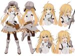  1girl @_@ ahoge artoria_caster_(fate) artoria_caster_(first_ascension)_(fate) artoria_pendragon_(fate) bangs belt belt_bag black_pantyhose blonde_hair blush breasts brown_belt buttons closed_eyes closed_mouth fate/grand_order fate_(series) fur_hat gloves green_eyes grey_footwear grey_gloves grey_headwear hair_between_eyes hat highres holding holding_weapon long_fall_boots long_hair looking_at_viewer multiple_views namiharuru open_mouth packet pantyhose small_breasts smile teeth twintails ushanka vest weapon white_background white_vest 