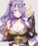  1girl bare_shoulders breasts camilla_(fire_emblem) cleavage fire_emblem fire_emblem_fates fire_emblem_heroes fishnets hair_ornament hair_over_one_eye highres japanese_clothes large_breasts long_hair looking_at_viewer ninja peach11_01 purple_eyes purple_hair revealing_clothes simple_background smile solo tiara very_long_hair wavy_hair 