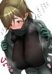  1girl absurdres bangs black_sweater blush breasts brown_hair from_above gloves green_eyes green_gloves highres inuyama_aoi jacket_pull large_breasts ricochet-gou sidelocks solo sweat sweater translation_request turtleneck turtleneck_sweater white_background yurucamp 