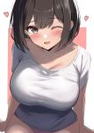  1girl ;d blush breasts brown_hair fang heart highres idolmaster idolmaster_cinderella_girls large_breasts looking_at_viewer maekawa_miku medium_hair no_pants one_eye_closed shirt simple_background skin_fang smile solo ushizara white_shirt 