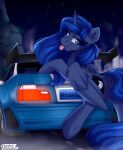  2022 butt car dock electronic_arts equid equine female feral friendship_is_magic hair hasbro hi_res hooves horn license_plate lidded_eyes looking_at_viewer looking_back looking_back_at_viewer mammal my_little_pony naughty_face need_for_speed outside princess_luna_(mlp) purple_body purple_hair shadowreindeer signature sky solo spoiler_(car) star starry_sky tongue tongue_out underhoof vehicle video_games winged_unicorn wings 