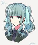  1girl alternate_costume aqua_ribbon bangs black_jacket blunt_bangs blush character_name collared_shirt cropped_shoulders dated dot_nose formal futaba_sana green_eyes grey_shirt hair_ribbon jacket lapels long_hair magia_record:_mahou_shoujo_madoka_magica_gaiden mahou_shoujo_madoka_magica medium_hair necktie north notched_lapels parted_lips portrait purple_necktie ribbon shirt sidelocks simple_background solo suit suit_jacket twintails wavy_hair white_background 