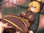  1girl black_bow blonde_hair blush bow breasts brown_dress dress hair_bow indoors kurodani_yamame large_breasts long_sleeves lying on_back open_mouth peso_(cheese_company) solo tatami touhou translation_request yellow_eyes 