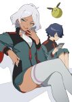  1boy 1girl ahoge asticassia_school_uniform crossed_legs dark-skinned_female dark_skin grey_hair gundam gundam_suisei_no_majo haro highres jacket looking_at_viewer mogumo nail_polish open_mouth rouji_chante school_uniform secelia_dote short_hair sitting thighhighs 