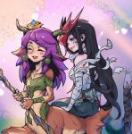  1boy 1girl :d ass bandaged_arm bandages bangs black_hair black_pants blush closed_eyes collarbone flower genderswap genderswap_(ftm) genderswap_(mtf) grin hair_flower hair_ornament holding holding_staff league_of_legends lillia_(league_of_legends) long_hair looking_at_another mask open_mouth orange_flower pants parted_lips phantom_ix_row pink_hair red_eyes sarashi shiny shiny_hair smile staff teeth tree upper_teeth yone_(league_of_legends) 