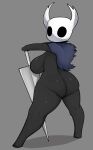  anthro arthropod black_body blue_cloak breasts butt cloak clothing female hi_res holding_object holding_weapon hollow_eyes hollow_knight horn insect looking_at_viewer neiliousdyson presenting solo spreading team_cherry vessel_(species) video_games weapon 