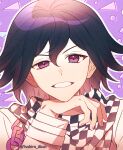  1boy artist_name bangs black_hair brown_hair chain checkered_clothes checkered_scarf danganronpa_(series) danganronpa_v3:_killing_harmony grin hair_between_eyes hand_on_own_chin hand_up jacket long_sleeves looking_at_viewer male_focus multicolored_hair ouma_kokichi outline pink_background pink_eyes portrait scarf smile solo teeth two-tone_hair white_outline yushiro_akun 