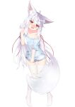  1girl absurdres animal_ear_fluff animal_ears bare_shoulders blush character_request copyright_request embarrassed fang fox_ears fox_girl fox_tail full_body highres long_hair off-shoulder_shirt off_shoulder red_eyes shiroi_awa_sakana shirt shirt_tug short_sleeves simple_background tail thighhighs very_long_hair virtual_youtuber white_background white_hair white_thighhighs 