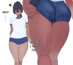  1girl arms_behind_back ass black_hair blue_bow blue_buruma blush bow buruma closed_mouth commentary dark-skinned_female dark_skin english_text from_behind gym_uniform hair_bow highres legs_together looking_at_viewer multiple_views okpriko original paid_reward_available shirt short_sleeves simple_background speech_bubble standing thai_girl_(okpriko) thigh_gap white_background white_shirt 