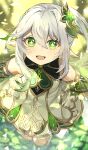 1girl :d bangs bare_shoulders blurry blurry_background blush cross-shaped_pupils detached_sleeves dress from_above genshin_impact green_eyes gyoju_(only_arme_nim) hair_ornament highres leaf_hair_ornament long_hair looking_at_viewer nahida_(genshin_impact) no_shoes open_mouth pointy_ears short_sleeves side_ponytail sidelocks smile socks solo stirrup_legwear toeless_legwear toes white_dress white_socks 