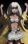  1girl :d absurdres arms_up bangs bead_bracelet beads bikini blunt_bangs bracelet breasts clenched_hands danganronpa_(series) danganronpa_v3:_killing_harmony dark-skinned_female dark_skin frills grey_hair hair_ornament harari highres jacket jewelry long_hair long_sleeves looking_at_viewer low_twintails navel navel_piercing necklace open_mouth piercing skirt smile solo stomach swimsuit teeth twintails upper_teeth wide_sleeves yonaga_angie 