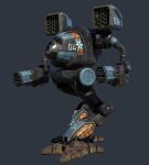  3d arm_cannon battletech concept_art damaged dirty energy_cannon english_commentary highres machinery mad_cat_(battletech) mecha missile_pod no_humans nose_art radio_antenna realistic robot roundel science_fiction solo vertexnormal walker weapon window 