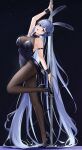  1girl :d animal_ears arm_strap arm_up azur_lane bangs bare_shoulders black_background black_dress black_footwear blue_eyes blue_hair bodystocking breasts cleavage dress fake_animal_ears from_side full_body hair_intakes high_heels highres large_breasts leg_up long_hair looking_at_viewer looking_to_the_side new_jersey_(azur_lane) open_mouth pelvic_curtain pole_dancing qing_wu rabbit_ears simple_background sleeveless sleeveless_dress smile solo standing standing_on_one_leg stripper_pole very_long_hair wrist_cuffs 