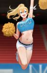  1girl arm_strap arm_up armpits bangs bare_arms bare_shoulders belt black_belt blonde_hair blue_eyes blue_shirt blurry blurry_background blush breasts buckle cheerleader claire_lamund_(nhaliz) crop_top floating_hair full_body hand_up highres holding holding_pom_poms jumping large_breasts long_hair looking_at_viewer navel nhaliz open_mouth original pom_pom_(cheerleading) ponytail shirt shoes short_shorts shorts sidelocks sleeveless sleeveless_shirt stomach text_print thighs white_footwear white_shorts 