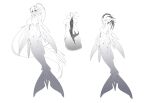  2girls absurdly_long_hair bodysuit bzs_(kage_no_shinobu) commentary_request concept_art dual_persona greyscale highres long_hair mermaid monochrome monster_girl multiple_girls original ponytail simple_background tentacle_clothes tentacles tentacles_under_clothes very_long_hair white_background 