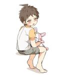  1boy :o aged_down ahoge alternate_costume bangs barefoot blush brown_eyes brown_hair brown_shorts dagasi_xzx danganronpa_(series) danganronpa_2:_goodbye_despair from_side hinata_hajime holding looking_at_viewer looking_to_the_side lowres male_child male_focus monomi_(danganronpa) raglan_sleeves shirt short_hair shorts solo stuffed_animal stuffed_bunny stuffed_toy 