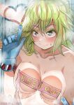  1girl blush boku_no_hero_academia breasts caution_tape collarbone colored_eyelashes commission contrail covered_nipples gloves grabbing_own_breast green_hair hagakure_tooru hair_between_eyes highres keep_out medium_breasts medium_hair nude smile solo unusually_visible wet zd_(pixiv6210083) 