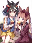  2girls absurdres alternate_costume animal_ears bench black_hair casual commentary_request food hair_ornament highres horse_ears horse_girl horse_tail kitasan_black_(umamusume) long_hair medium_hair multiple_girls open_mouth sweep_tosho_(umamusume) sweet_potato tail umamusume white_background yamada_auto 