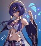  1girl arm_up bangs bare_shoulders blue_eyes breasts brown_eyes dark-skinned_female dark_skin egyptian_clothes eyebrows_hidden_by_hair genshin_impact hair_ornament highres jewelry long_hair looking_at_viewer multicolored_eyes necklace purple_eyes silberein smile solo stomach twintails upper_body 