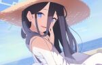  1girl arisu_(blue_archive) bangs black_hair blue_archive blue_eyes breasts day dress hair_between_eyes hand_on_own_face hat highres horizon long_bangs long_hair looking_at_viewer ocean open_mouth outdoors sky small_breasts straw_hat sukn_9765 sunlight sweat upper_body white_dress 