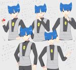  1boy arrow_(symbol) bangs black_pants black_shirt blue_eyes blue_hair blunt_bangs closed_eyes closed_mouth commentary_request grey_background grey_vest hand_on_hip hand_on_own_chin hand_up highres holding holding_poke_ball logo long_sleeves male_focus multiple_views ohn_pkmn open_mouth pants poke_ball poke_ball_(basic) pokemon pokemon_(game) pokemon_dppt saturn_(pokemon) shirt short_hair smile speech_bubble stroking_own_chin translation_request two_side_up vest 