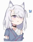  1girl :o animal_ear_fluff animal_ears bandaged_chest bandages bug butterfly cat_ears cat_girl highres medium_hair off_shoulder original parted_lips purple_eyes satou_(3366_s) simple_background white_background white_hair wing_hair_ornament 
