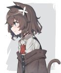  1girl animal_ears black_vest brown_coat brown_hair cat_ears cat_girl cat_tail coat crying crying_with_eyes_open grey_eyes hairband highres kurioshi_fio off_shoulder open_clothes open_coat original satou_(3366_s) short_hair tail tears vest 