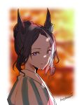  1girl animal_ears black_hair blue_ribbon blurry blurry_background braid braided_bun closed_mouth commentary_request depth_of_field ear_ribbon forehead from_side hair_bun horse_ears japanese_clothes kimono kuzumochi_(kuzumochiya) looking_at_viewer looking_to_the_side mejiro_ramonu_(umamusume) multicolored_hair purple_eyes ribbon sidelocks signature smile solo streaked_hair striped striped_kimono umamusume upper_body vertical-striped_kimono vertical_stripes white_hair 