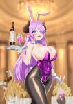  3girls :d absurdres anila_(granblue_fantasy) animal_ears areola_slip asanagi_(style) ass black_pantyhose blonde_hair blue_eyes blush bottle breasts cleavage covered_navel cup draph drinking_glass fake_animal_ears gloves granblue_fantasy hair_ornament hair_over_one_eye harigane_mutsumi_(harigane623) highres horns large_breasts long_hair monika_weisswind multiple_girls narmaya_(granblue_fantasy) open_mouth pantyhose playboy_bunny pointy_ears purple_hair rabbit_ears rabbit_tail shingeki_no_bahamut smile sweat tail teeth tray twintails white_gloves white_pantyhose wine_glass wrist_cuffs zipper 