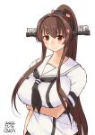  1girl artist_name breasts brown_hair cherry_blossoms commentary_request cosplay dated flower flower_knight_girl hair_flower hair_ornament headgear highres kantai_collection large_breasts long_hair one-hour_drawing_challenge owa_(ishtail) ponytail school_uniform serafuku simple_background solo upper_body white_background yamato_(kancolle) 