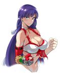  1girl ayakumo blue_eyes blush breasts cleavage clenched_hands collar covered_nipples cross earrings elbow_gloves fate/grand_order fate_(series) gloves grin hair_ribbon jewelry long_hair looking_at_viewer martha_(fate) martha_(swimsuit_ruler)_(fate) navel purple_hair red_gloves ribbon simple_background single_glove smile solo torn_clothes torn_gloves upper_body white_background 
