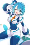  1girl ;d \n/ absurdres android aria. bangs blue_bodysuit blue_eyes blue_hair bodysuit hair_between_eyes headphones headset highres looking_at_viewer mega_man_(series) mega_man_x_(series) mega_man_x_dive multicolored_hair one_eye_closed open_mouth rico_(mega_man) side_ponytail smile solo two-tone_hair white_background 