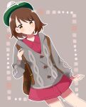  1girl backpack bag bangs blush bob_cut brown_bag brown_eyes brown_hair buttons cable_knit cardigan closed_mouth collared_dress commentary_request dress gloria_(pokemon) green_headwear grey_background grey_cardigan hand_up hat highres holding_strap hooded_cardigan ohn_pkmn outline pink_dress pokemon pokemon_(game) pokemon_swsh short_hair smile solo tam_o&#039;_shanter 