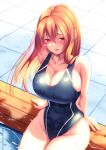  1girl arm_support bangs black_one-piece_swimsuit blush breasts bush cleavage collarbone commentary_request competition_swimsuit covered_nipples dated hair_between_eyes highres kaede_acer long_hair looking_at_viewer nail_polish one-piece_swimsuit open_mouth orange_hair original pool red_eyes signature sitting solo swimsuit thighs tile_floor tiles wet 