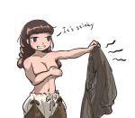  1girl bloomers breasts brown_hair cleavage covering covering_breasts dirty dirty_clothes english_text long_hair medieval navel original shirt_removed simple_background solo sweat topless underwear vanishlily 