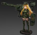  1girl absurdres black_thighhighs blonde_hair boots camouflage camouflage_jacket camouflage_skirt cannon chance8000 garter_straps gloves green_footwear green_headwear ground_vehicle gun hat high_heel_boots high_heels highres howitzer jacket long_hair long_sleeves m109_howitzer machine_gun machinery mecha_musume military military_vehicle miniskirt original peaked_cap personification skirt smile thigh_boots thighhighs thighhighs_under_boots turret very_long_hair weapon white_gloves yellow_eyes zettai_ryouiki 