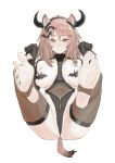  1girl absurdres animal_ear_fluff animal_ears arknights black_gloves breast_cutout breasts fake_horns feet feet_up gloves gravel_(arknights) hands_up highleg highleg_leotard highres horns large_breasts leotard looking_at_viewer lying mouse_ears mouse_girl no_shoes on_back pasties pink_hair renxzd simple_background soles solo tail thighhighs toes white_background 
