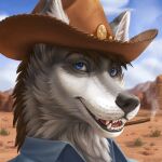  1:1 anthro artist_name black_nose blue_clothing blue_eyes blue_topwear brown_clothing brown_hat brown_headwear bust_portrait canid canine canis cheek_tuft cigarette clothed clothing cowboy_hat dessert facial_tuft fangs food fur glistening glistening_eyes grey_body grey_fur hat headgear headwear kai_zane male mammal neck_tuft open_mouth open_smile outside portrait red_tongue rock slash_freezen smile smoking solo tongue topwear tuft white_body white_fur wolf 