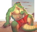  2020 5_fingers abs anthro beach bottomwear bulge clothed clothing cloud countershading crocodile crocodilian crocodylid dessert digital_media_(artwork) english_text eyewear eyewear_on_head facial_scar fingers food food_on_belly food_on_clothing green_body green_scales hi_res holding_object holding_stick ice_cream league_of_legends male melting_ice_cream muscular muscular_anthro muscular_arms muscular_male nipples non-mammal_nipples outside overbite pecs pupils red_bottomwear red_clothing red_shorts renekton reptile riot_games sand scales scalie scar seaside shorts signature sitting_on_ground sky slit_pupils solo stick sunglasses sunglasses_on_head tan_body tan_scales teeth text thick_tail tongue tongue_out topless topless_anthro topless_male underbite upset video_games xeoniios yellow_sclera 
