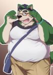  2022 anthro belly big_belly black_nose blush bottomwear canid canine canis clothing domestic_dog eyewear glasses green_body hat headgear headwear hi_res humanoid_hands kemono lifewonders live-a-hero male mammal mokdai nazebesu_hobby overweight overweight_male pants shirt solo topwear video_games 