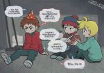  3boys arm_sling beanie black_hair blonde_hair blue_eyes broom brown_hair butters_stotch cast clyde_donovan episode_number hat jacket male_focus multiple_boys party_hat red_jacket sitting south_park stan_marsh translation_request tsunoji 
